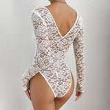 SOLID COLOR LACE LONG SLEEVE HOT GIRL SLIM BODYSUIT_CWMM4627
