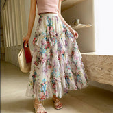 COLORFUL FLORAL MESH PRINT PLEATED TULLE SKIRT_CWBLS0399