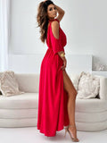 V-Neck Slit Shoulder Sleeves Sexy Halter Dress