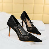 Women Mesh Hollow Lace Pointed Toe High Heels