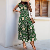 Vintage Floral Print Casual Straight-Leg Jumpsuit