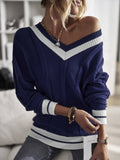 V-Neck Color Contrast Patchwork Pullover Sweater