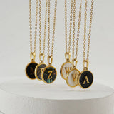 Cwaje1934_Round Stainless Steel White Shell Letter Necklace