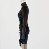 Velvet Drawstring High Neck Sexy Hip Wrap Dress