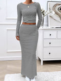 Striped Knitted Long-Sleeved Half-Skirt Suit