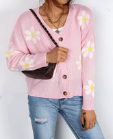 V-Neck Floral Single-Breasted Knit Cardigan
