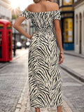 Zebra-Print Waistline Dress With Split Neck
