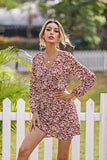 V-Neck Waist Floral Long-Sleeved Short Dress