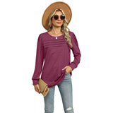Solid Color U-Neck Pleated Long Sleeve Top