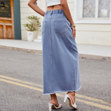 Wome Washed Denim Maxi Skirt Asymmetrical_Cwjsk0205