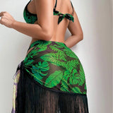 PRINTED TASSEL WRAP SKIRT THREE PIECE SWIMSUIT_CWMW0335