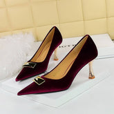RETRO METAL BUCKLE SHALLOW POINTED TOE HIGH HEELS_CWSHH0097