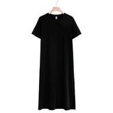 Solid Color Short-Sleeved Long Cotton Split Dress