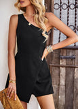Solid Color One-Shoulder Romper Shorts