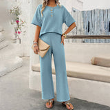 Solid Color Knit Short Sleeve Top And Pants Suit_Cwstb0513
