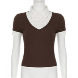 Spliced Fake Two Contrasting Color Lapel T-Shirts