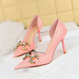 Women Metal Rhinestone Buckle High Heels