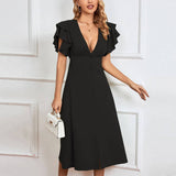 V Neck Sexy Backless Button A Line Midi Dress_Cwdsd3248