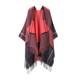 FRINGED SHAWL PLAID SCARF FAUX CASHMERE SLIT CAPE_CWASC2258