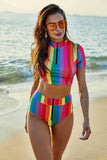 Rainbow Striped High-Neck Two-Piece Swimsuit