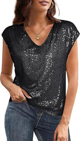 Womens Sequin V-Neck Fitted Raglan Sleeve Top