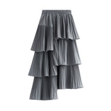 ASYMMETRICAL RUFFLED PLEATED TIERED MIDI SKIRT_CWBMS0392
