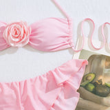 Womens 3D Floral Bikini Set Pink Nylon Swimsuit