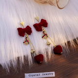 NEW BURGUNDY BOW LONG HEART EARRINGS_CWAJE1860