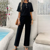 Solid Color Knit Short Sleeve Top And Pants Suit_Cwstb0513