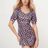 V-Neck Short-Sleeved Belt Print Short Dress