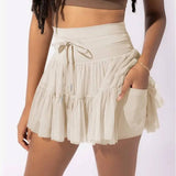 Womens High Waist Lace-Up Pleated Skirt