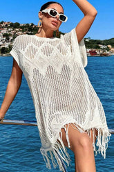 Cwtbls1694_Hollow Knit Loose Tassel Seaside Holiday Dress
