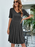 Solid Color V-Neck Basic Pleated Casual Dress