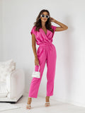 Solid Color V-Neck Commuter Pinch-Waist Jumpsuit