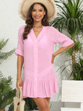 V-Neck Ruffled Button Up Cardigan Casual Dress