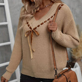 V-Neck Bow Lace-Up All-In-One Pullover Sweater
