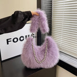 Winter Imitation Fox Fur Pearl Chain Plush Bag_Cwab3962