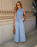 Solid Color Loose Denim Wide Leg Pants Vest Suit
