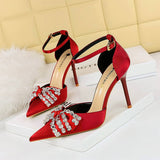Women Retro Rhinestone Hollow Strap High Heels