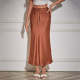 SATIN LONG SKIRT HIGH WAIST DRAWSTRING SKIRT_CWAB4792