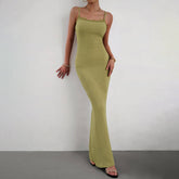 Solid Color Sexy Style Slim Suspender Long Dress