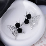 SILVER NEEDLE BLACK ROSE BUTTERFLY EARRINGS_CWAJE1857