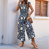 Vintage Floral Print Casual Straight-Leg Jumpsuit