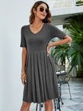 Solid Color V-Neck Basic Pleated Casual Dress