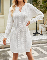 Solid Color Open V-Neck Sweater Dress