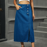 Wome Washed Denim Midi Skirt With Buttons_Cwjsk0206