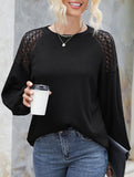 Solid color lace splice pullover long sleeve top