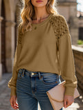 Solid color lace splice pullover long sleeve top