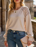 Solid color lace splice pullover long sleeve top