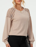 Solid color lace splice pullover long sleeve top
